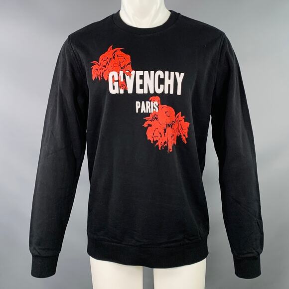 GIVENCHY Size M Black Red Logo Cotton Cuban Fit Crew Neck Sweatshirt